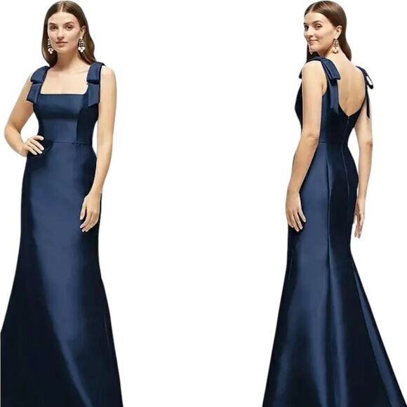 NWT Alfred Sung Satin Fit Flare Maxi Dress Gown Shoulder Bows Midnight Navy 16 - Picture 1 of 11